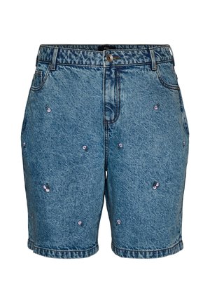 Blauwe denimshorts met kleine roze kersen geborduurd verspreid over de voorkant, voorzien van riemlussen, voorzakken en een knoopsluiting.