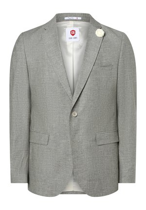 Light gray blazer made of textured fabric, featuring a single button closure, notch lapel, and a white floral accent on the lapel.