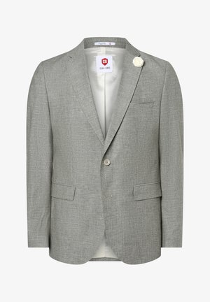 Light gray blazer made of textured fabric, featuring a single button closure, notch lapel, and a white floral accent on the lapel.