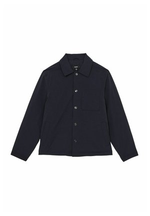 Navyblå jakke lavet af glat stof, med spids krave, knaplukning foran og en enkelt brystlomme.