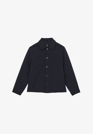 Tmavomodrá bunda z hladkej tkaniny s špicatým golierom, zapínaním na gombíky vpredu a jedným náprsníkovým vreckom.
