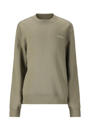 Olijfgroene sweatshirt met ronde hals, lange mouwen en kleine witte tekst "LES' ARCS" op de bovenste linkerborst.
