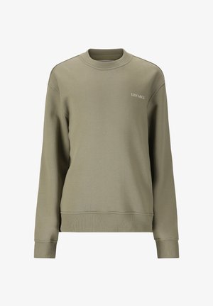 Olijfgroene sweatshirt met ronde hals, lange mouwen en kleine witte tekst "LES' ARCS" op de bovenste linkerborst.