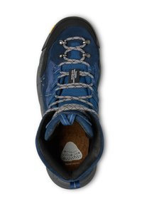 Scarpa da trekking blu in suede con accenti grigi, lacci rotondi, rinforzo in gomma sulla punta e soletta in sughero con un motivo floreale. Design leggero.