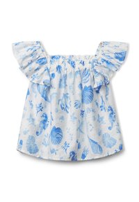 Top in cotone off-the-shoulder con maniche a volant, caratterizzato da stampe marine blu su sfondo bianco. Collo elastico.