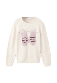 Krémový pletený svetr s růžovými vzorovanými rukavicemi zavěšenými na pletené lince přes hrudník, s kulatým výstřihem a dlouhými rukávy.