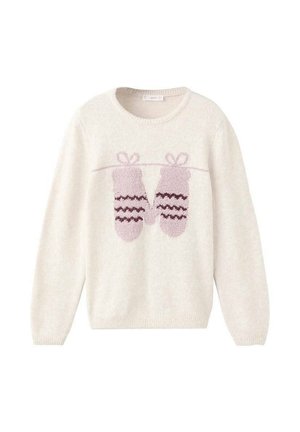 Pull en tricot crème avec des moufles à motif rose suspendues sur une ligne tricotée sur la poitrine, col rond et manches longues.