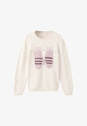 Krémový pletený svetr s růžovými vzorovanými rukavicemi zavěšenými na pletené lince přes hrudník, s kulatým výstřihem a dlouhými rukávy.