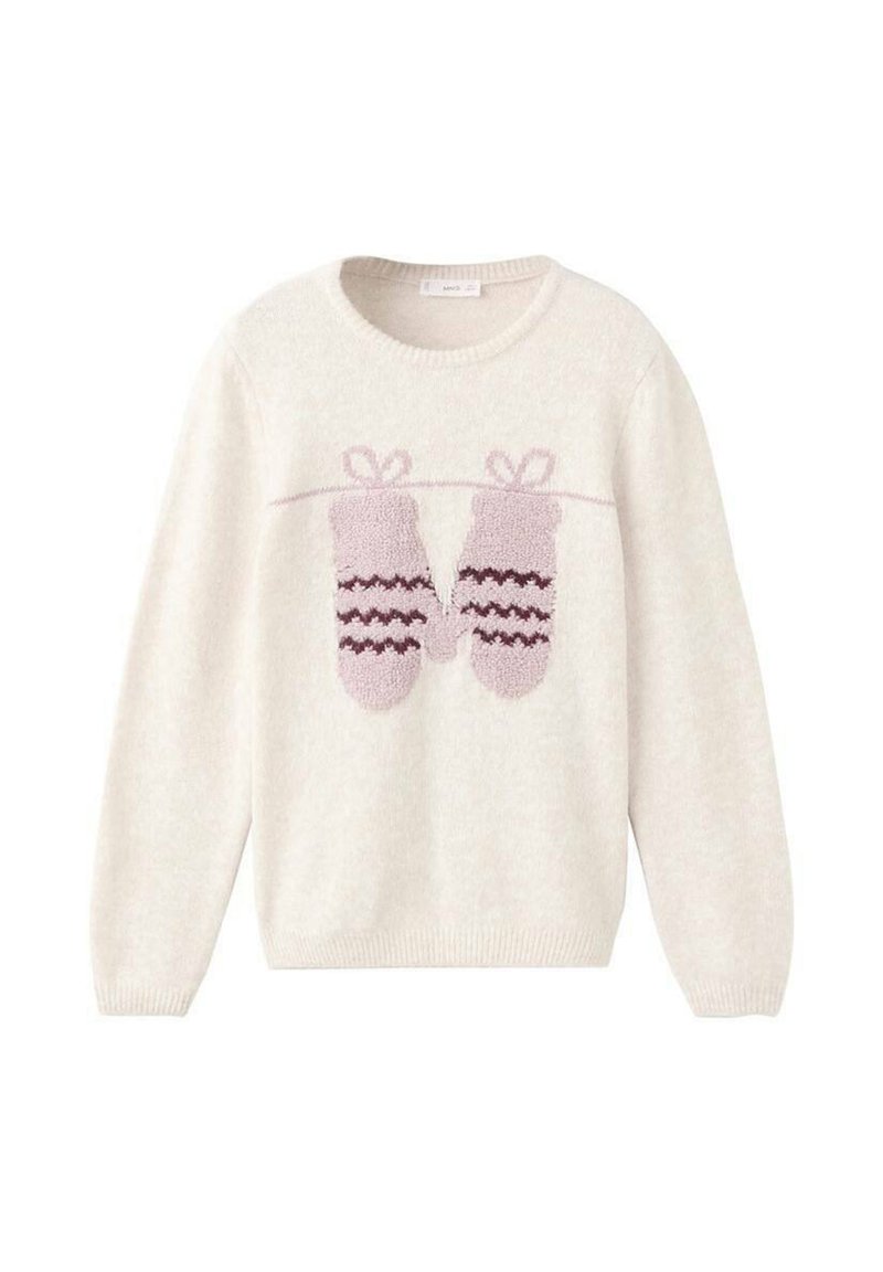 Krémový pletený svetr s růžovými vzorovanými rukavicemi zavěšenými na pletené lince přes hrudník, s kulatým výstřihem a dlouhými rukávy.