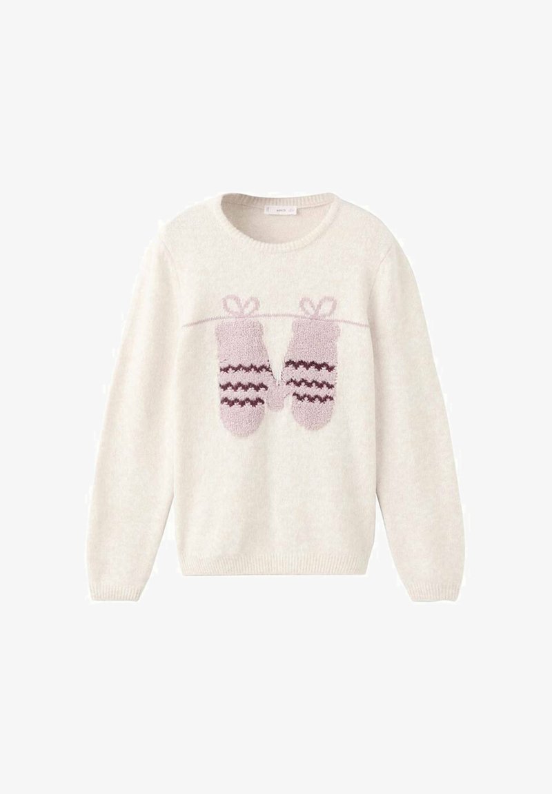 Krémový pletený svetr s růžovými vzorovanými rukavicemi zavěšenými na pletené lince přes hrudník, s kulatým výstřihem a dlouhými rukávy.