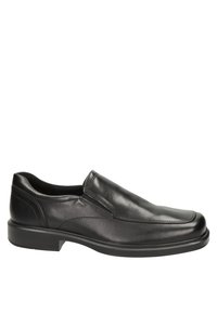 Schwarzer Leder-Schlupfschuh mit glatter Oberfläche, abgerundeter Zehenpartie, seitlichen elastischen Einsätzen und einer dicken Gummisohle. Verfügt über dezent gestaltete Nähte.