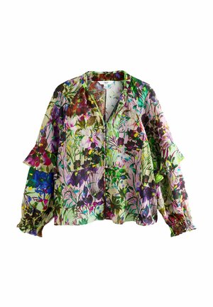 Floral printed blouse featuring a lightweight, sheer fabric with vibrant green, purple, and pink hues; long sleeves with ruffle accents.