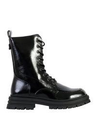 Botas negras de media caña con un acabado brillante, que cuentan con un cierre de cordones en la parte delantera, un cuello acolchado y una suela de goma resistente con detalles de relieve.