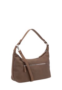 Borsa a spalla marrone in pelle con tasca con zip argentata sul davanti e tracolla regolabile, posizionata su uno sfondo bianco.