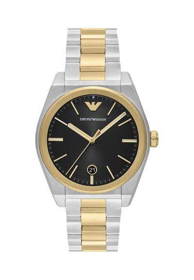 Orologio da polso in metallo bicolore argento e oro con quadrante nero, indici delle ore dorati, datario alle 6 e logo del marchio alle 12.