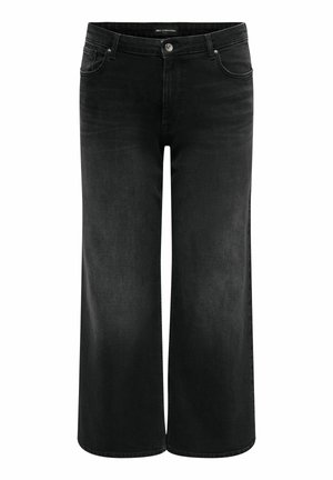 Fekete, széles szárú farmernadrág elülső gomb- és cipzárzárral, elülső zsebekkel és övbújtatókkal, fehér háttér előtt bemutatva.