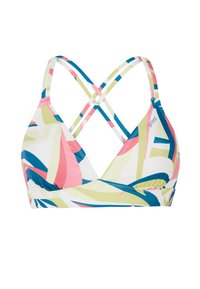 Wielokolorowy stanik bikini z trójkątnym fasonem, skrzyżowanymi ramiączkami oraz mieszanką różowych, zielonych, niebieskich i białych wzorów geometrycznych.