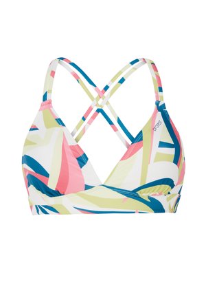 Wielokolorowy stanik bikini z trójkątnym fasonem, skrzyżowanymi ramiączkami oraz mieszanką różowych, zielonych, niebieskich i białych wzorów geometrycznych.
