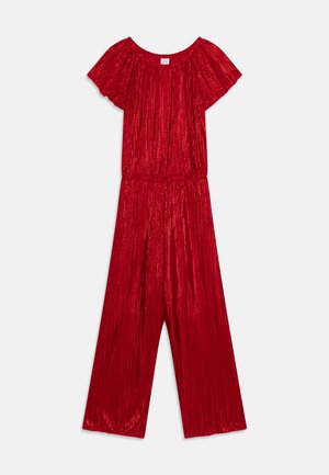 Red jumpsuit with shiny, pleated fabric, short flutter sleeves, and a relaxed fit. Features a cinched waist and wide, flowing legs.
