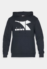 Felpa nera con cappuccio e tasca a marsupio frontale, caratterizzata da un grande logo bianco. Realizzata in tessuto morbido, presenta un cappuccio con cordino e maniche con polsini a coste.