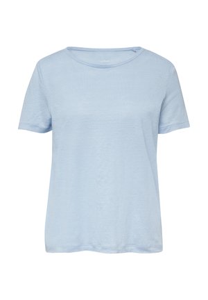 T-shirt léger à manches courtes de couleur bleu clair, fabriqué en tissu doux et léger. Il présente un col rond et une coupe décontractée. Texture lisse avec un léger éclat.