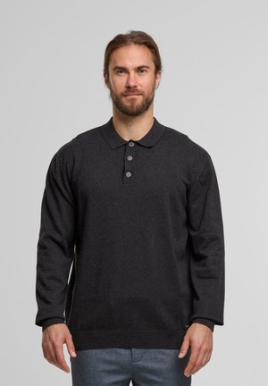 Man with beard and tied back hair wearing dark gray long-sleeve polo shirt and blue pants, standing against plain background.
