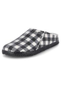 Čierno-biele kárované šľapky na slip-on s mäkkým textilným zvrškom, okrúhlou špičkou a gumovou podrážkou pre lepšiu trakciu a odolnosť.