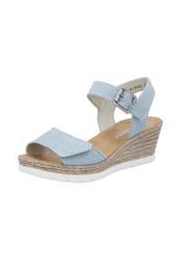 Blue denim wedge sandals with an open toe, adjustable ankle strap, and textured tan midsole. Features white outsole and braided detailing.