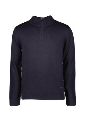Marineblauwe gebreide pullover met een halve ritssluiting, lange mouwen, geribde manchetten en zoom, met een klein logo label aan de linksonderzijde.