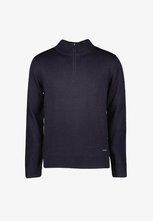 Marineblauwe gebreide pullover met een halve ritssluiting, lange mouwen, geribde manchetten en zoom, met een klein logo label aan de linksonderzijde.