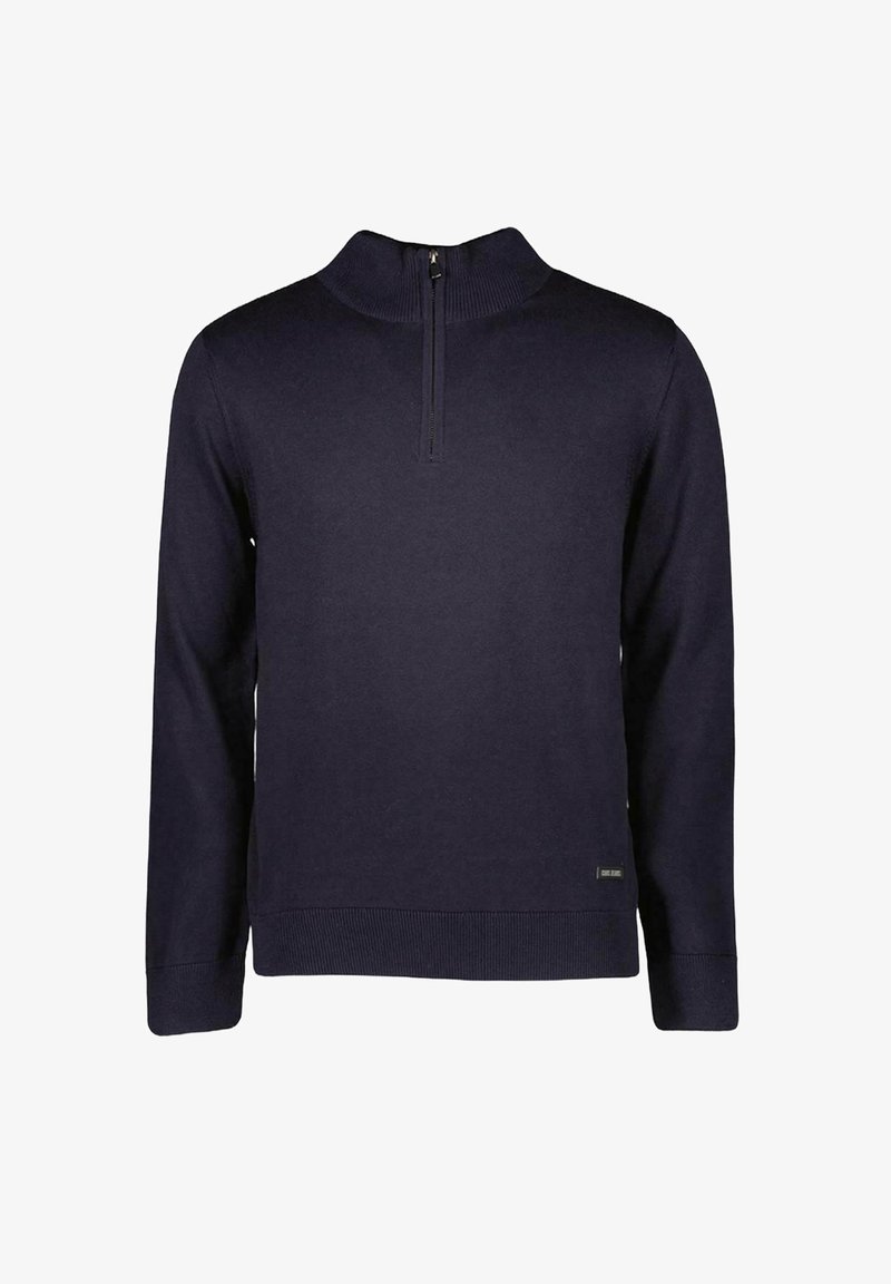 Marineblauwe gebreide pullover met een halve ritssluiting, lange mouwen, geribde manchetten en zoom, met een klein logo label aan de linksonderzijde.