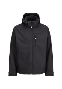Schwarze Kapuzenjacke mit Frontreißverschluss, Brust-Reißverschlusstasche und verstellbaren Manschetten, auf einem weißen Hintergrund präsentiert.