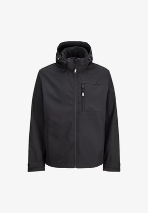 Crna kapućasta jakna s prednjim zatvaračem, džepom na prsima s zatvaračem i podešivim manžetama, prikazana na bijeloj pozadini.