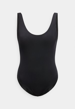 Costum de baie întreg negru, cu bretele late și decolteu rotund, prezentat pe un fundal alb.