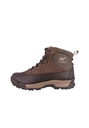 Brown waterproof hiking boots with a textured upper, smooth toe cap, and durable rubber sole. Features lace-up design and pull tab at the heel.