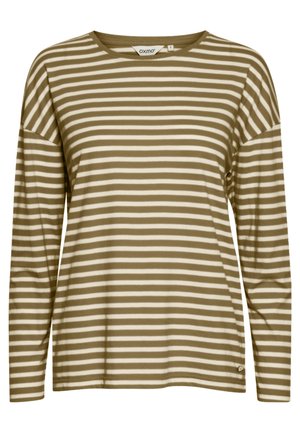 Majica dolgega rokava z navpičnimi črtami v olivno zeleni in kremni barvi. Ima okroglo izrez v nekonvencionalnem slogu in sproščen kroj ter majhen logotip na robu.