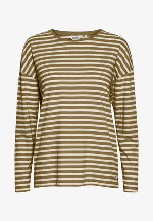 Pikend varrukatega triibuline t-särk oliivroheline ja kreemjas. Omab ümmargust kaelust ja mugavat lõiget, millel on väikene logo silt allservas.