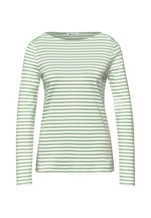 Långärmad skjorta med ljusgröna och vita horisontella ränder, rund halsringning och smal passform, visad mot en vit bakgrund.