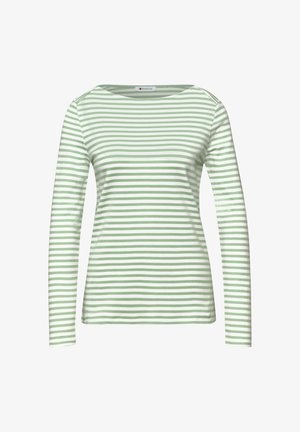 Koszula z długim rękawem w jasnoszaro-zielone i białe poziome paski, z okrągłym dekoltem i dopasowanym krojem, prezentowana na białym tle.