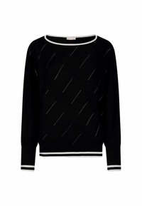 Maglione nero lavorato a maglia con scollo ampio, rifiniture bianche e cuciture a motivo diagonale. Maniche e orlo a coste offrono una finitura strutturata.