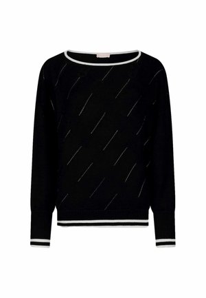 Maglione nero lavorato a maglia con scollo ampio, rifiniture bianche e cuciture a motivo diagonale. Maniche e orlo a coste offrono una finitura strutturata.