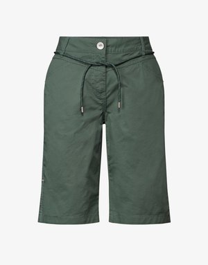 Vihreät, polvipituiset shortsit, jotka on valmistettu kevyestä kankaasta. Ominaisuuksiin kuuluu nauhakuja vyötäröllä, etupainike ja hillityt ompelutiedot.