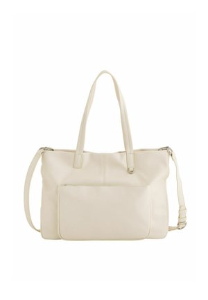 Handtasche aus cremefarbenem Leder mit zwei Schulterriemen, einem verstellbaren Umhängegurt und einer großen Fronttasche.