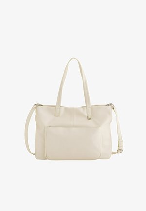 Handtasche aus cremefarbenem Leder mit zwei Schulterriemen, einem verstellbaren Umhängegurt und einer großen Fronttasche.