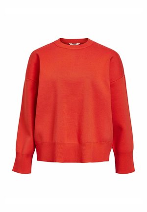 Pull rouge à col rond, épaules tombées et ourlet côtelé. Fabriqué en matériau tricoté doux et texturé.