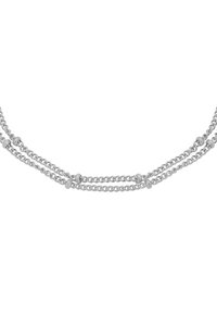 Collana in argento con design a strati, caratterizzata da perline rotonde e collegamenti alternativi. Texture liscia con una finitura lucida.
