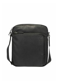 Borsa a spalla nera in pelle con una texture liscia, dotata di una tasca frontale con zip, tracolla regolabile e un logo in rilievo discreto.