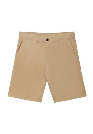 Beige shorts lavet af letvægtsstof, med et klassisk design, to frontlommer og en enkelt knaplukning i taljen.