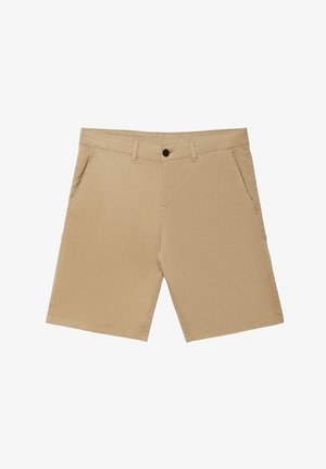 Beige Shorts aus leichtem Stoff, mit klassischem Design, zwei vorderen Taschen und einem einzigen Knopfverschluss an der Taille.