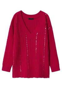 V-kauluspaita kirkkaan vaaleanpunaisena, jossa on teksturoitu neulekuvio, jossa on pystysuoria raitoja ja ripoteltuja paljetteja. Pitkät hihat.